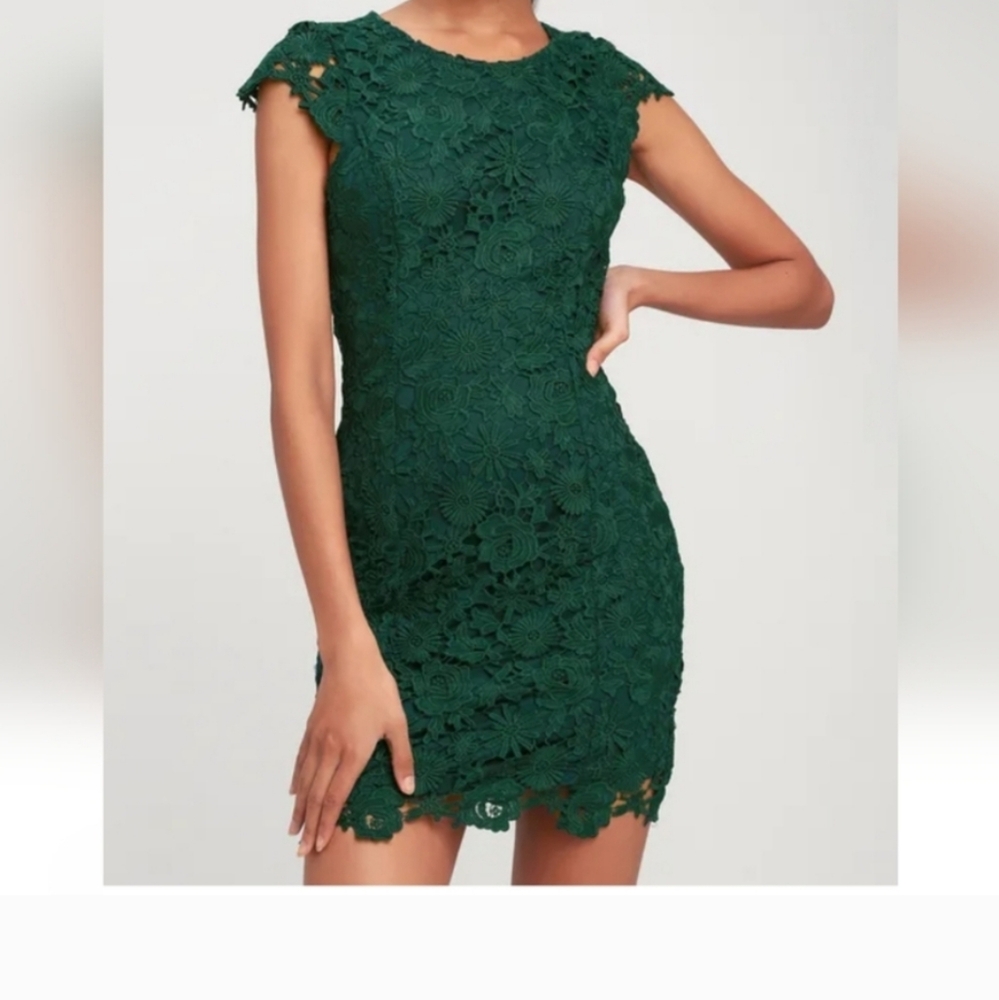 NWT Lulu's 'Romance Language' Dark Green Backless Floral Lace Mini Dress